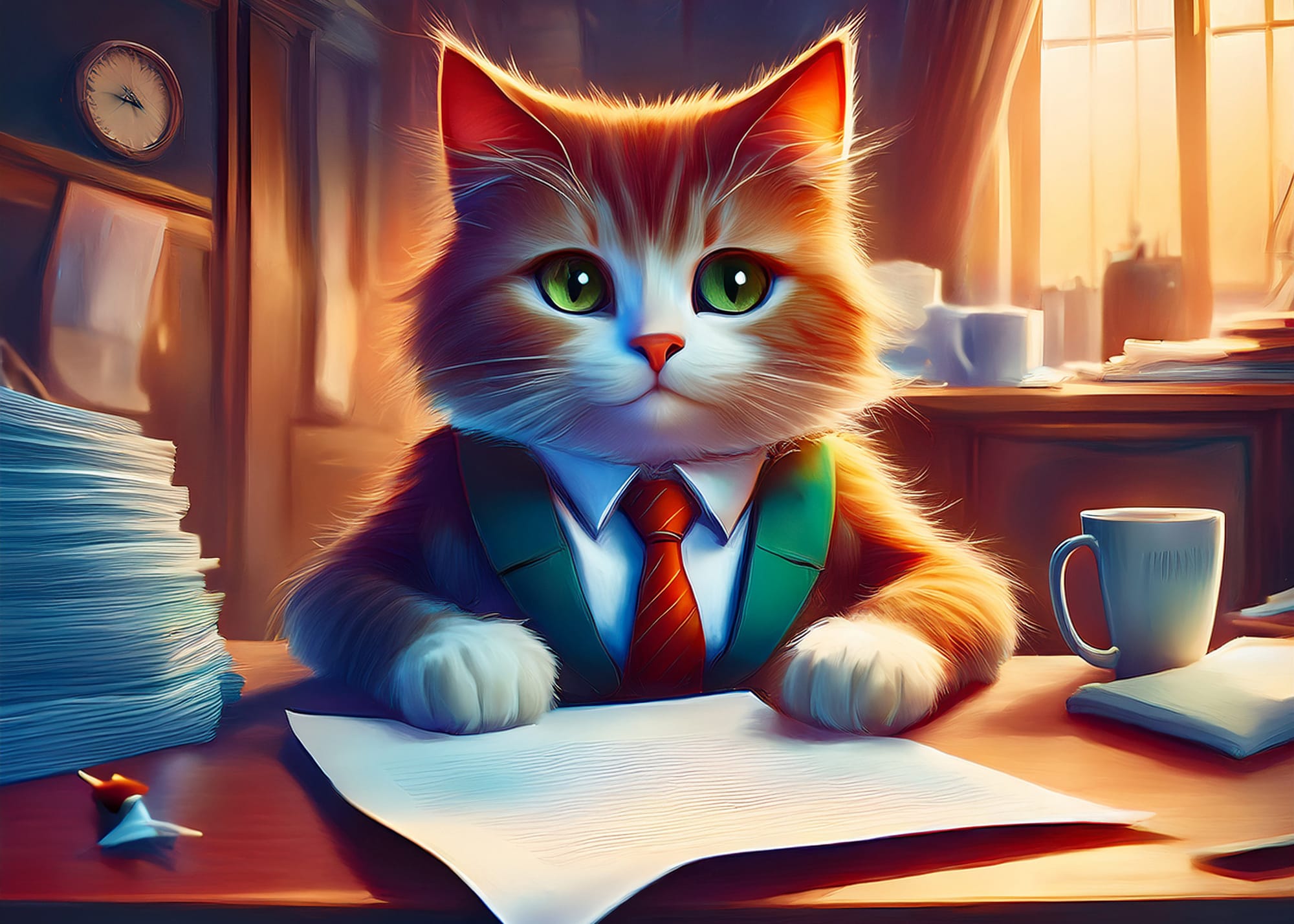 a cat sitting at his little desk with lots of paperwork, wearing a cut little vest